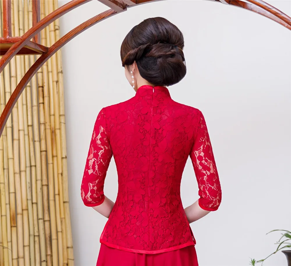 Шанхай история 3/4 рукав китайский традиционный Топ кружево Cheongsam рубашка Qipao Топ кружево китайская блузка для женщин