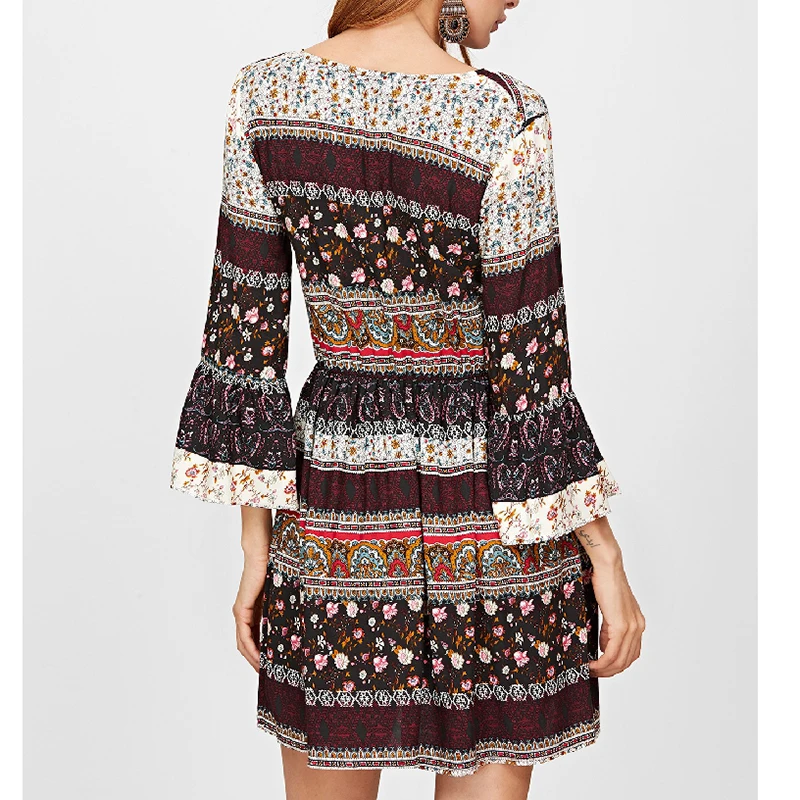 Women Dress Flower Floral Print Bohemian Mini Vestido Wrist Flare Sleeve Vintage Boho Casual Spring Autumn | Женская одежда