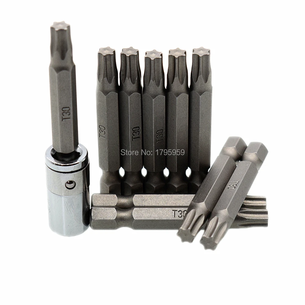 10pcs T30 Torx Screwdriver Bits 50mm Star Head Screw Driver Set with 1/4" Square Drive to Hex Shank Socket Bit Converter | Инструменты