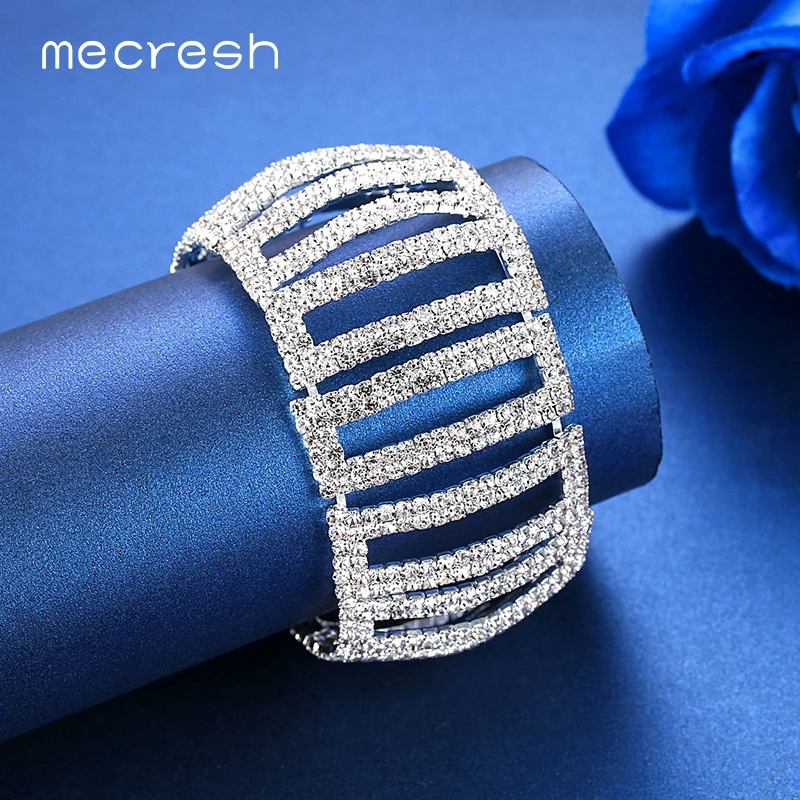 Mecresh Simple Geometric Rhinestone Bracelets Bangles for Women Silver Color Bridal Wedding Engagement Jewelry MSL345 | Украшения и