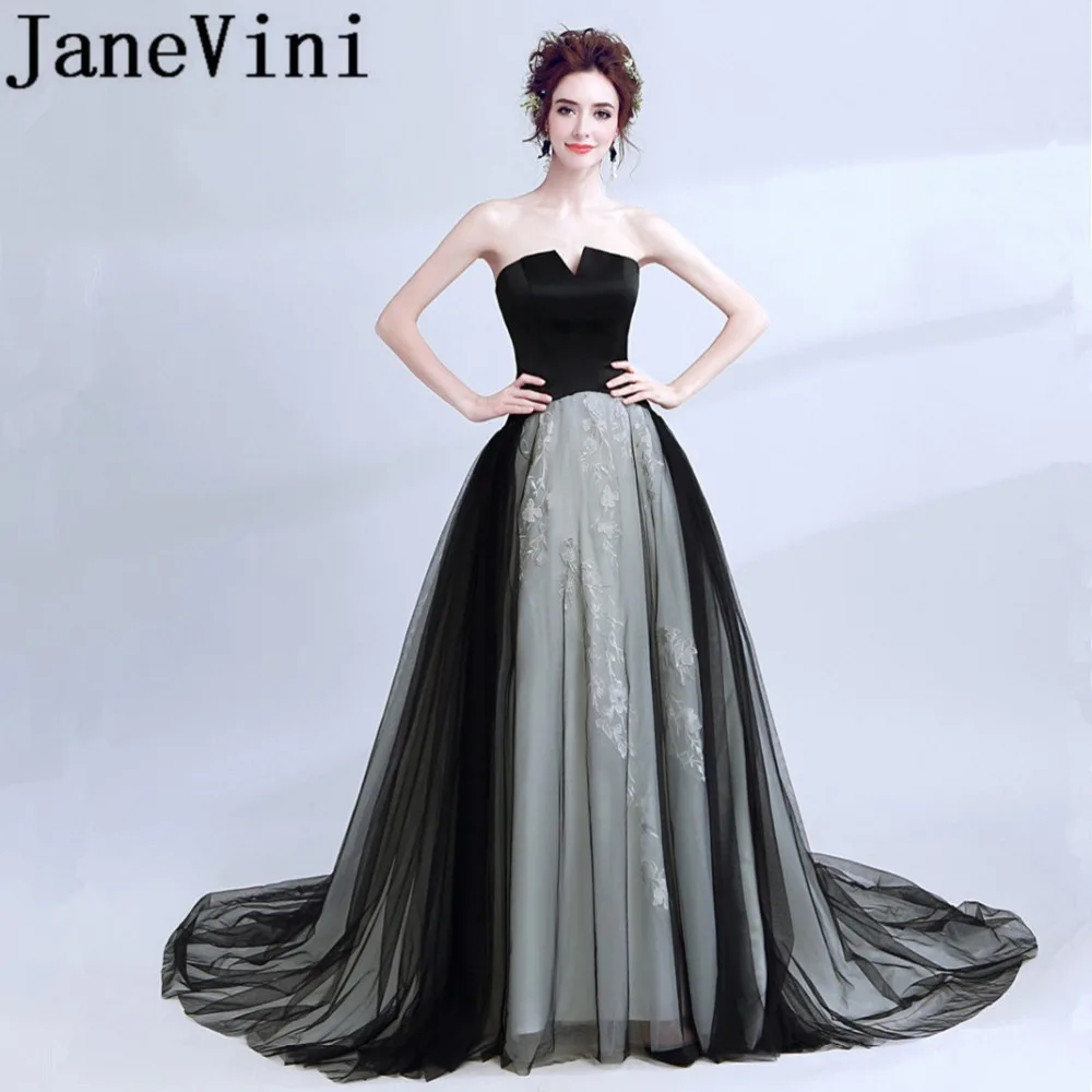 

JaneVini 2018 Sexy Black Long Bridesmaid Dresses A Line Strapless Lace Appliques Backless Tulle Sweep Train Formal Prom Gowns