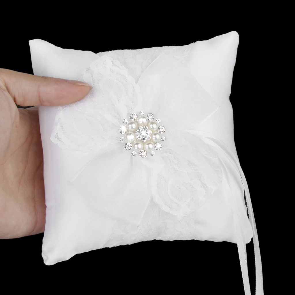 

Lovely White Bow Diamante Crystal Flower Wedding Ring Pillow Cushion 6 Inch