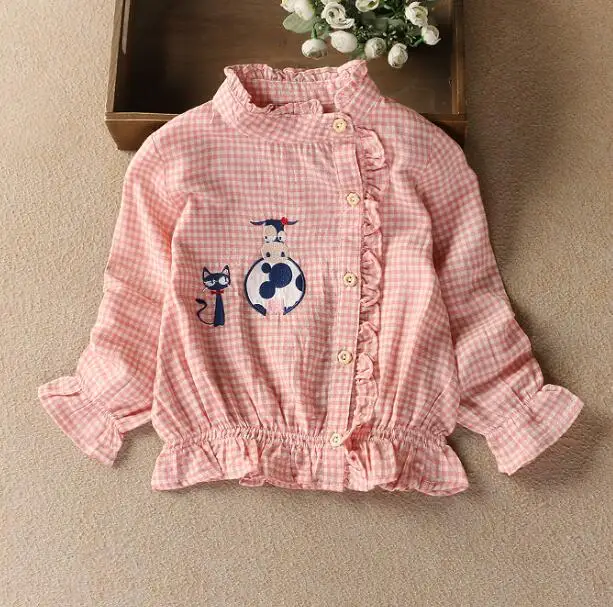 pink Hurave Мандарин Воротник мультфильм одежда для малышей вышивка плед блузки девочек дети оборками рубашки эластичный пояс детская одежда - Цвет: pink