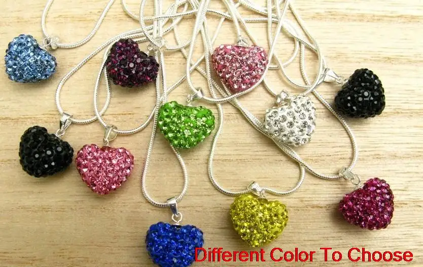 

free shipping mix rhinestone fashion multicolor heart Silver Plated snake chain crystal Necklace w244