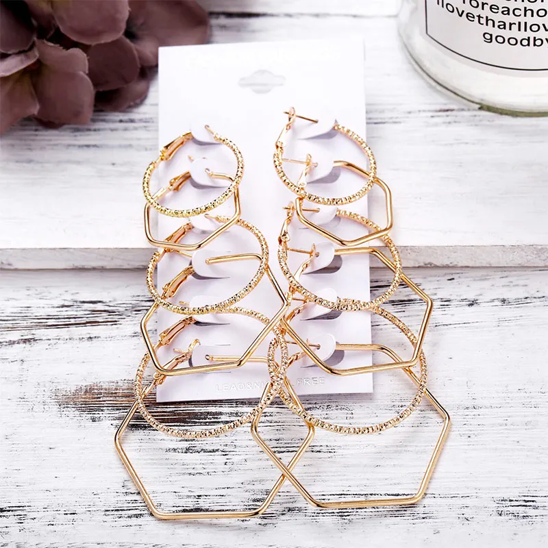 

LNRRABC 2019 new Hoop Earrings Gold Women 6Pairs Geometric Ear Clip Vintage Big Circle Steampunk Earrings