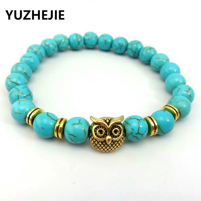 

YUZHEJIE Brand Men Jewelry Wholesale 10pcs New Design 8mm tiger eye Natural Matte Alloy Owl Pendant Bracelet & Bangles