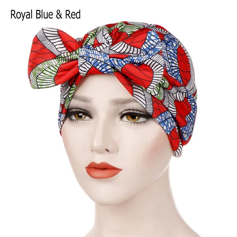 Style 1-blue red Бант принт стрейч мусульманский хиджаб для женщин исламский тюрбан-Джерси хлопок шляпа рак Кепка chemo головной убор бини шарф выпадение волос шапка - Цвет: Style 1-blue red