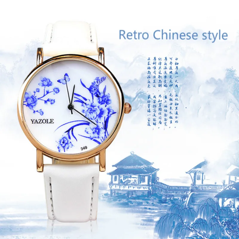 Винтаж китайский Стиль Часы Для женщин классический синий и белый фарфор женский