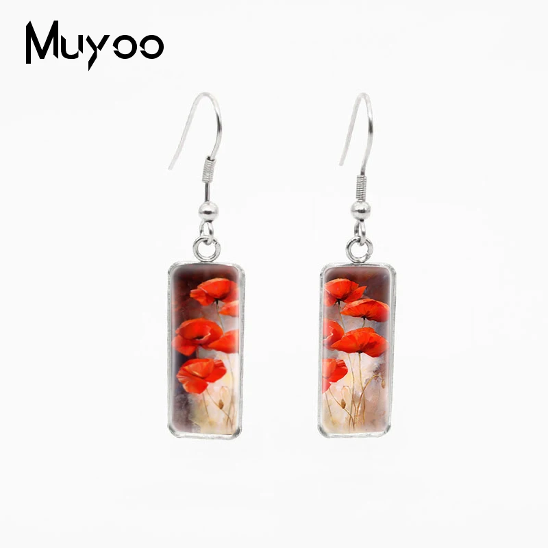 Vintage Red Flowers Paintings Rectangle Fish Hook Earrings Charming Flower Jewelry Stainless Steel Pedants Womens | Украшения и