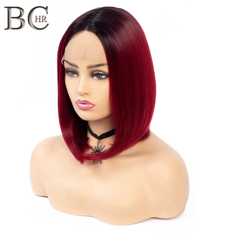 Короткий синтетический парик BCHR 13*4 Для Женщин черный винно красный с Ombre