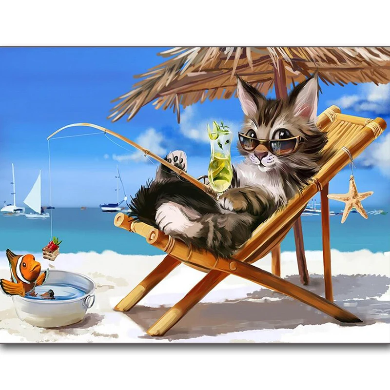 

animal Diamond Embroidery cat sea beach fishing 5D diy Diamond Painting Cross Stitch cat picture Diamond Mosaic home Decoration