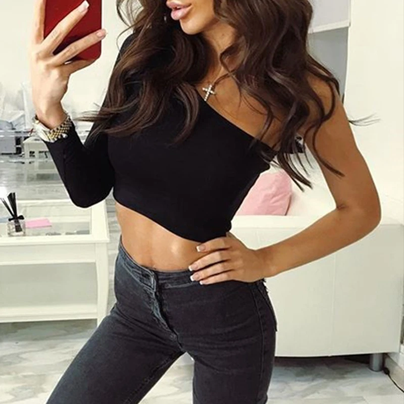 

One Shoulder Women Long Sleeve Crop Top Shirt Slim Sexy T-Shirt Casual