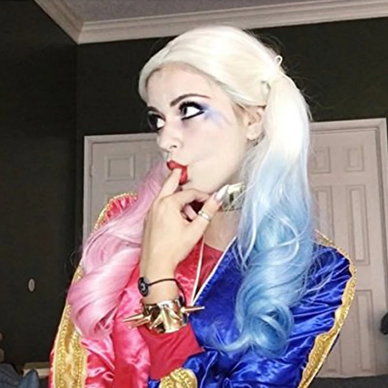 Comic Harley Quinn Synthetic Wig Mixed Color Blue and Pink Ombre Long Wavy AOSIWIG | Шиньоны и парики