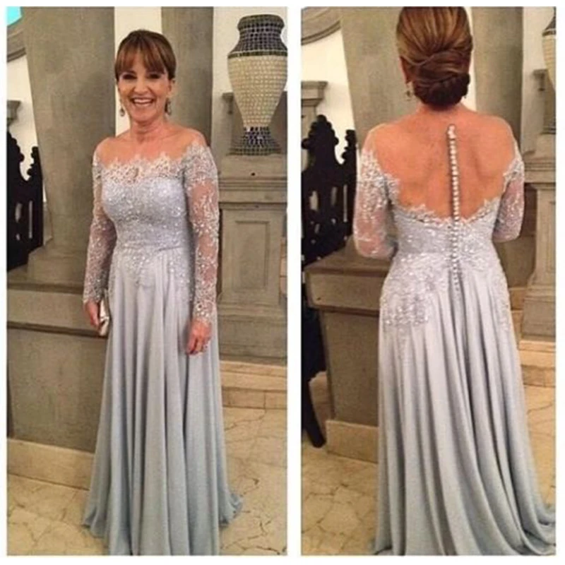 Grey Long Sleeve Mother Of The Bridal Dresses Off Shoulder Applique Floor Length Chiffon Formal Wedding Gowns Party Dress | Свадьбы и