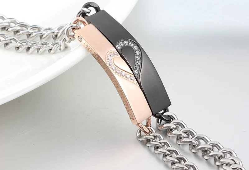 Циркон Сердце Паззлы любовник браслет Титан Сталь розовый/черный покрытием