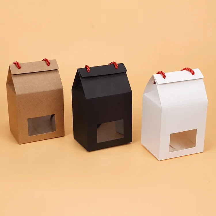 

50 x Natural Kraft Paper PVC Window Box With Rope Handle Gift Bag For Tea Box Favlor Gift Package Box 10*8*11cm