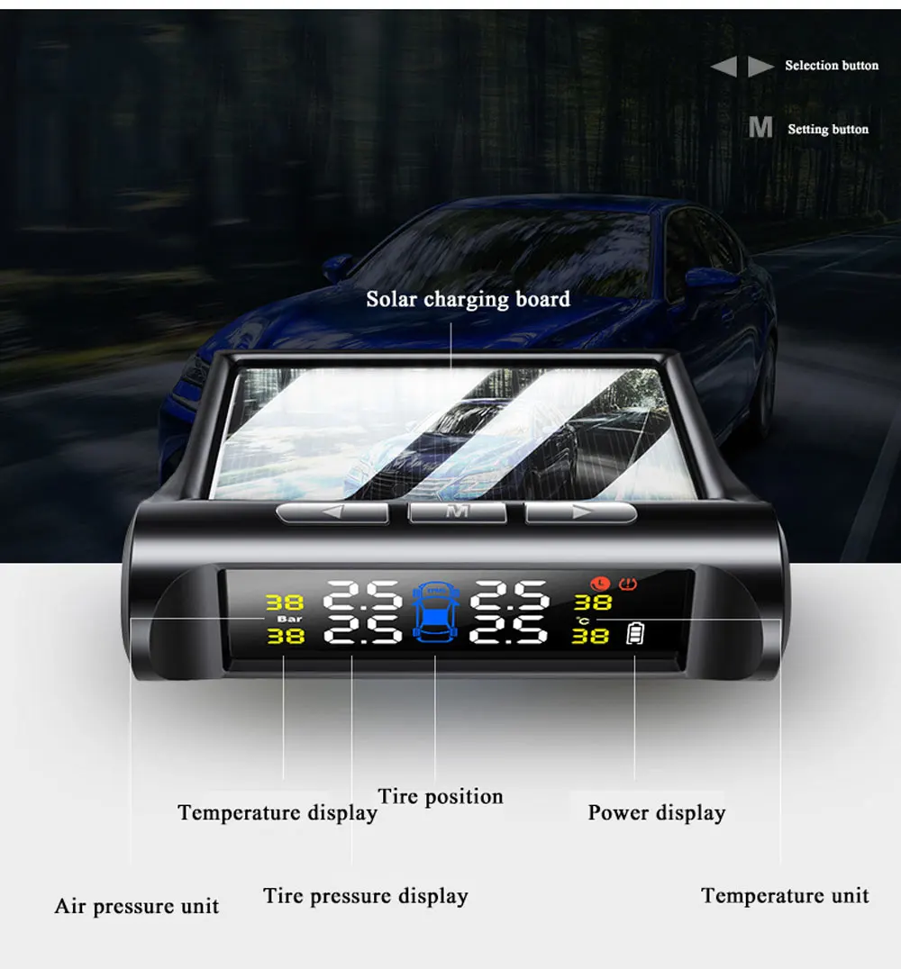 Автомобильный TPMS система контроля давления в шинах Солнечная энергия HD цифровой ЖК-дисплей Авто Голосовая сигнализация Инструмент беспроводной 4 внешний датчик