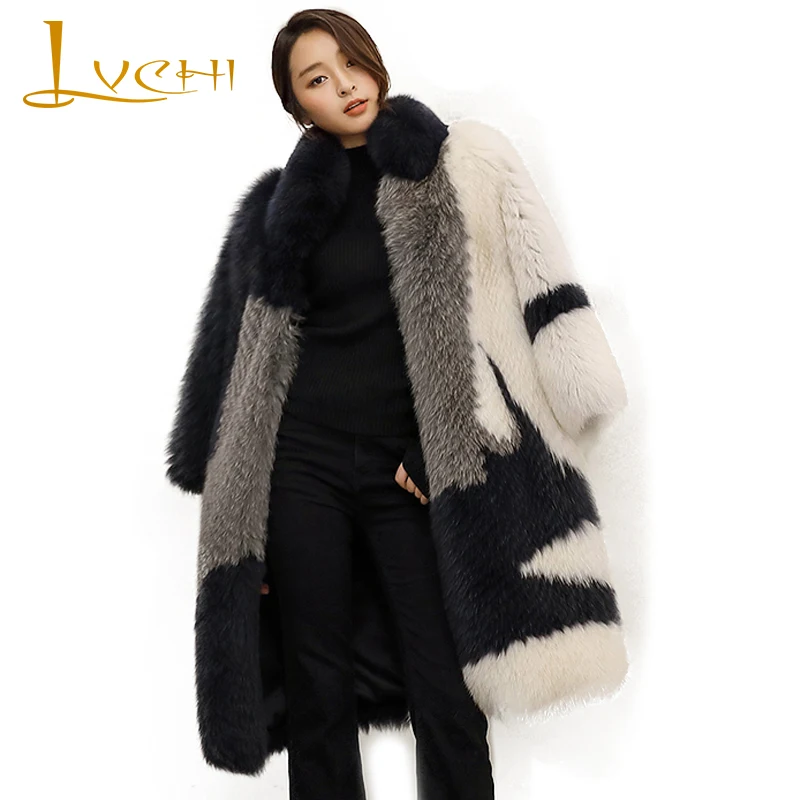 

Женская шуба из натурального Лисьего меха LVCHI, длинная Повседневная шуба из натурального Лисьего меха с длинным рукавом и воротником-стойко...
