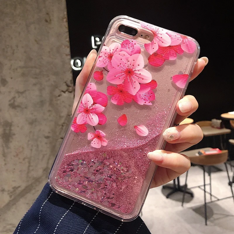 Glitter Flowing Transparent Bling Pink Flowers At The Top Right Corner Around Camera For iphone 6 6S 78 Plus X XS XR XSMAX | Мобильные
