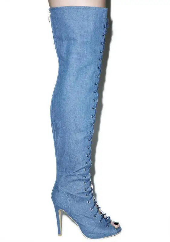 

2017 Summer boots over the knee boots peep toe high thin heels cross-tied women blue denim shoes jeans boots women casual shoes