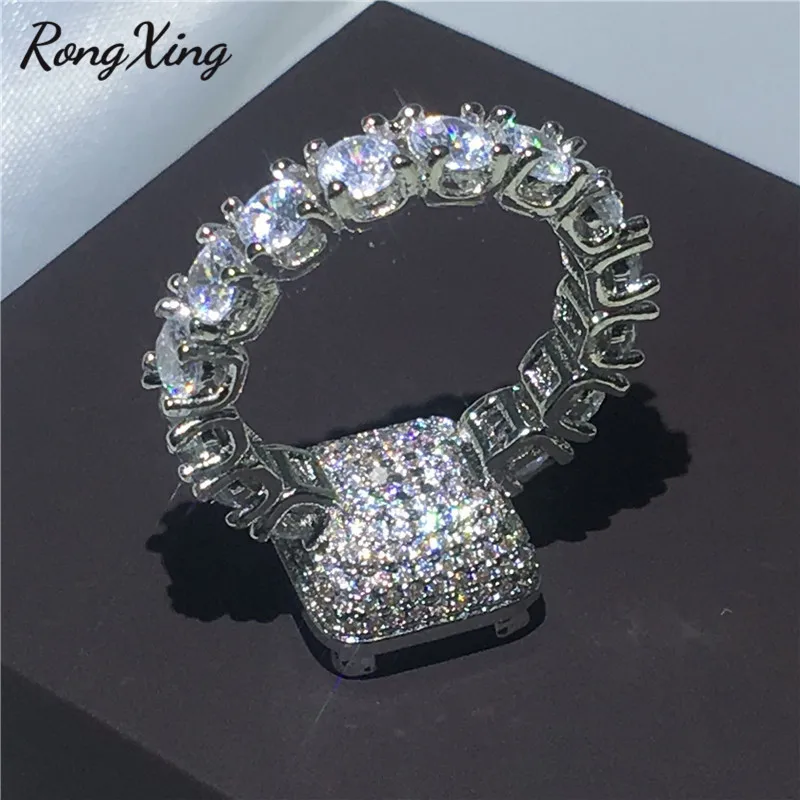 RongXing 925 Серебряное квадратное циркониевое обручальное кольцо Круглый Круг белый кристалл обручальные кольца для женщин CZ камень геометрические ювелирные изделия