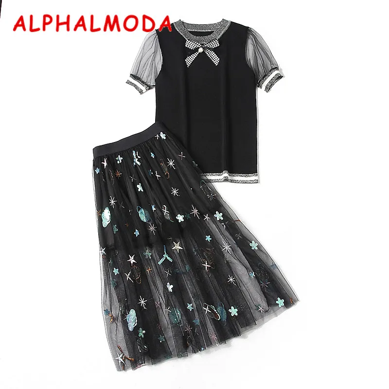 Женский комплект ALPHALMODA бант в стиле преппи свитер + кружевная юбка из 2 предметов