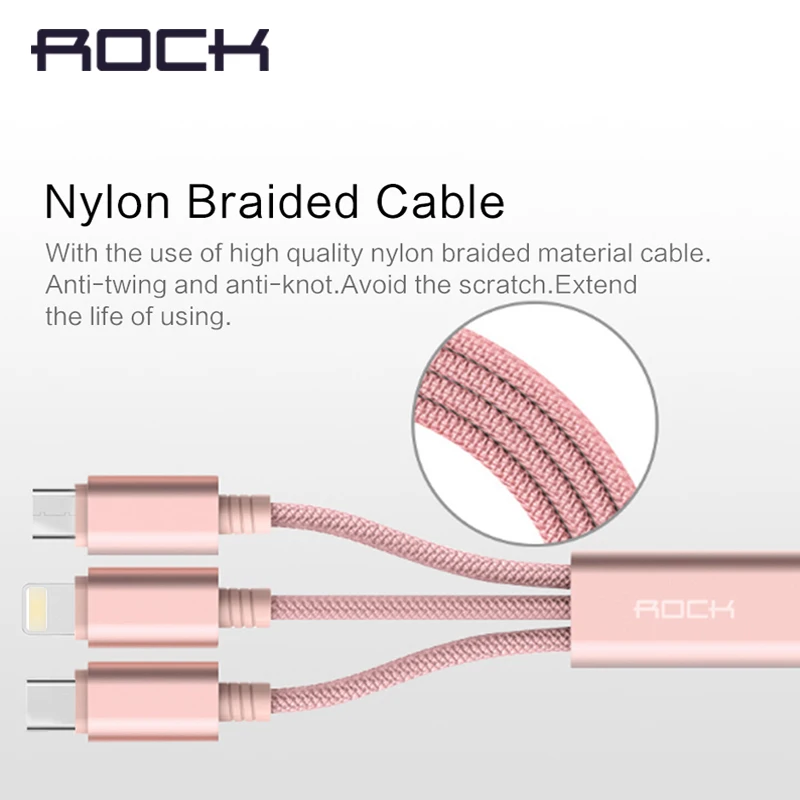 ROCK 3 в 1 USB кабель для iPhone/Micro/type C, многофункциональный зарядный кабель