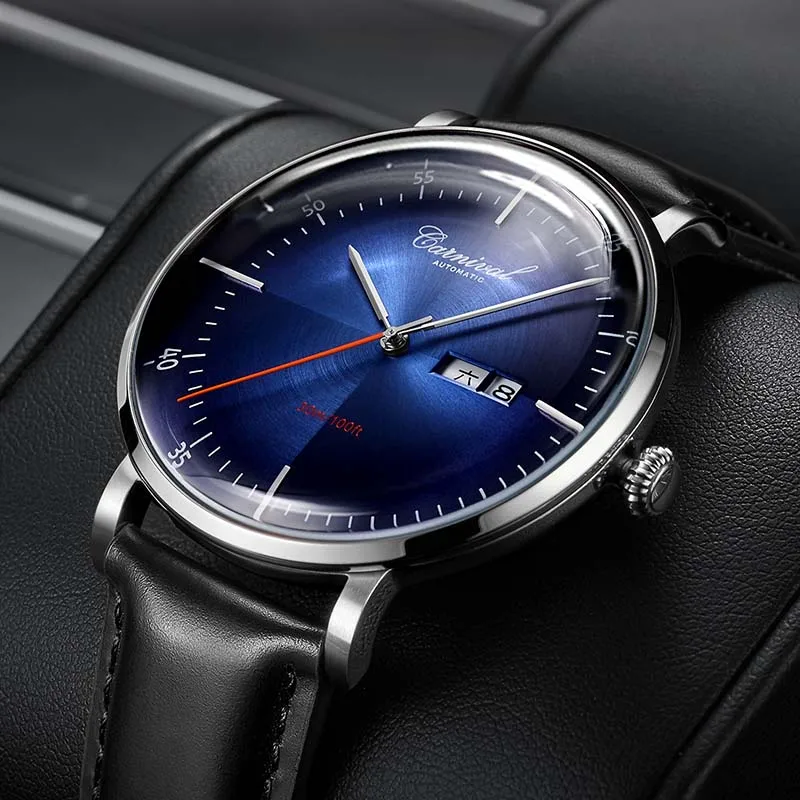 Карнавал механические Автоматические часы для мужчин Reloj Hombre кожаный ремешок для мужчин s часы лучший бренд класса люкс водонепроницаемые золотые наручные часы - Цвет: silver blue