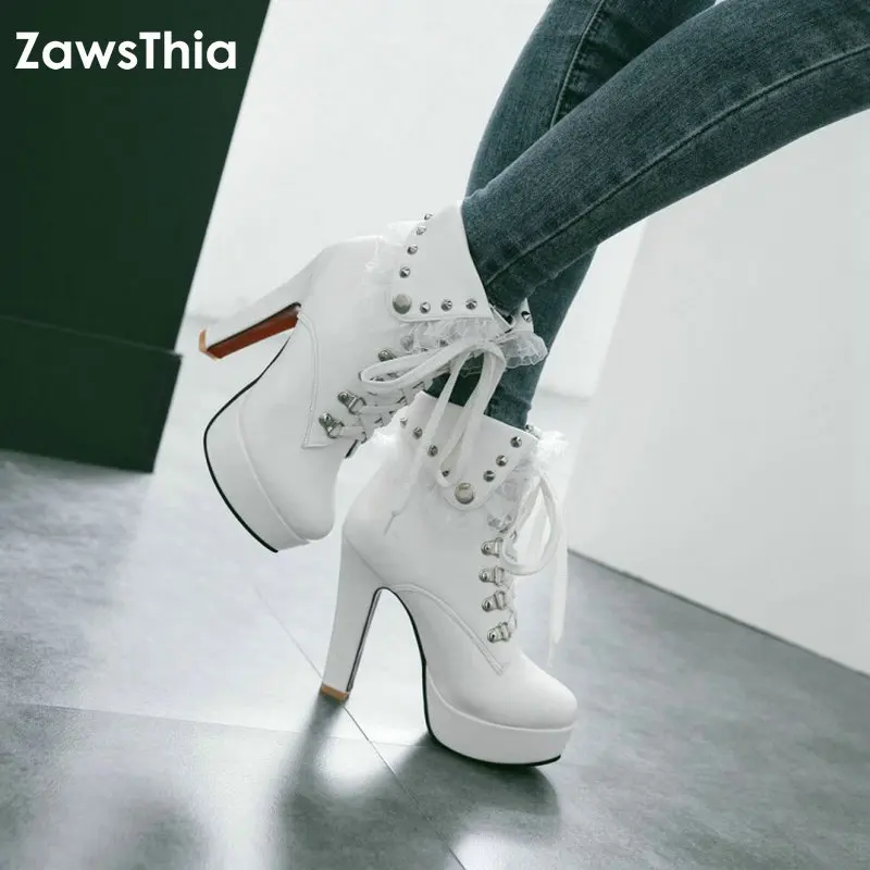 

Женские ботильоны на шнуровке ZawsThia, белые, черные ботинки на платформе и высоком каблуке, зимние женские ботинки в стиле панк с кружевными о...
