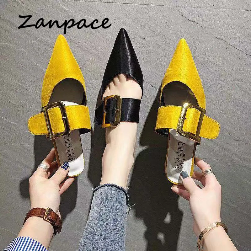 Zanpace/новые тапки-слиперы низкие г. Домашние шлепанцы с пряжкой модная женская обувь с острым носком летние сандалии на платформе женские вьетнамки