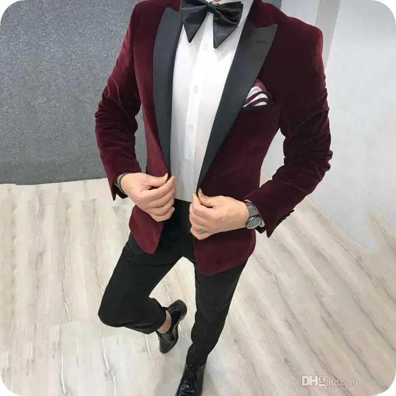 Costume Homme 2019Coat Pants Design Slim Fit Tuxedo Mens Fashion Suit Wedding Groom Suit For Men Best Man Burgundy Velvet Blazer