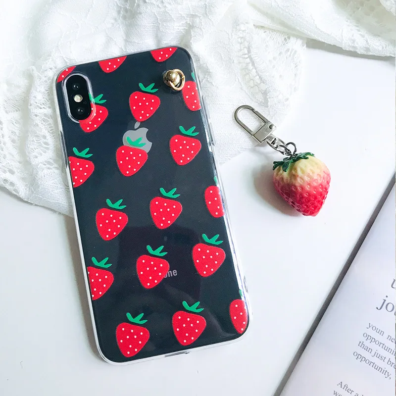 Японский клубничный kawaii чехол для телефона девочек с подвеской iPhone 7 8 plus 6s 11 Pro XS max