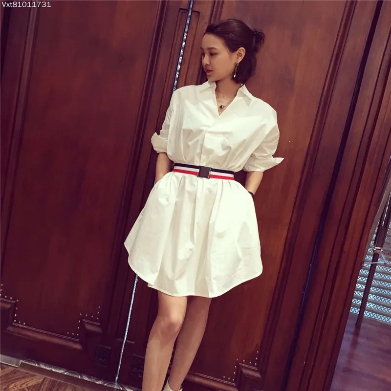 

2017 Summer Women High Defined Waist Dress Loose Casual Turn down Collar with belt Shirt Mini Dress