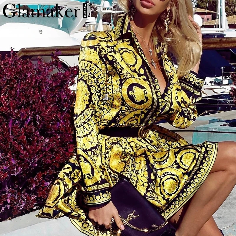 Glamaker, сексуальное винтажное Золотое Платье с принтом пейсли, женское Короткое платье-блузка с v-образным вырезом, Осеннее элегантное Клубное платье, вечерние платья большого размера