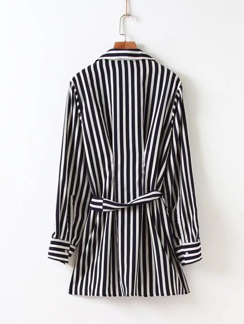 Новый 2017 Повседневная Полосатый Пояс Женщины Блузка Рубашка Женская Однобортный