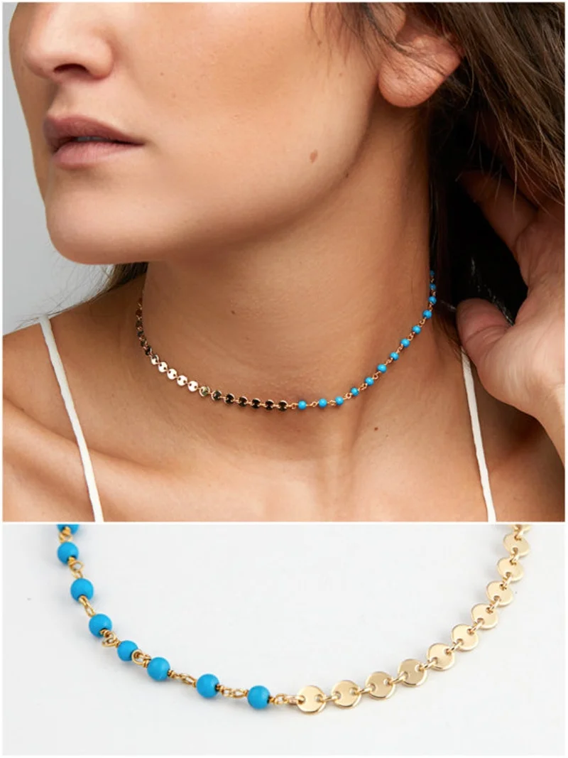 Золотистый чокер с бусинами ожерелье из бирюзы массивное изящное многослойное