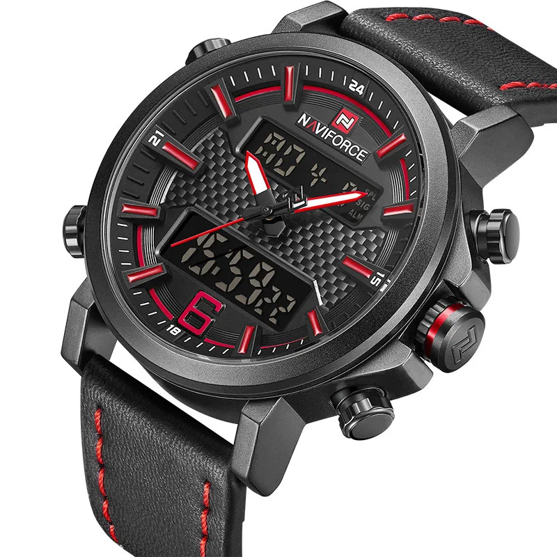 Black Red NAVIFORCE мужские спортивные часы мужские кварцевые светодиодный цифровые часы лучший бренд класса люкс мужские модные кожаные водонепроницаемые военные наручные часы - Цвет: Black Red