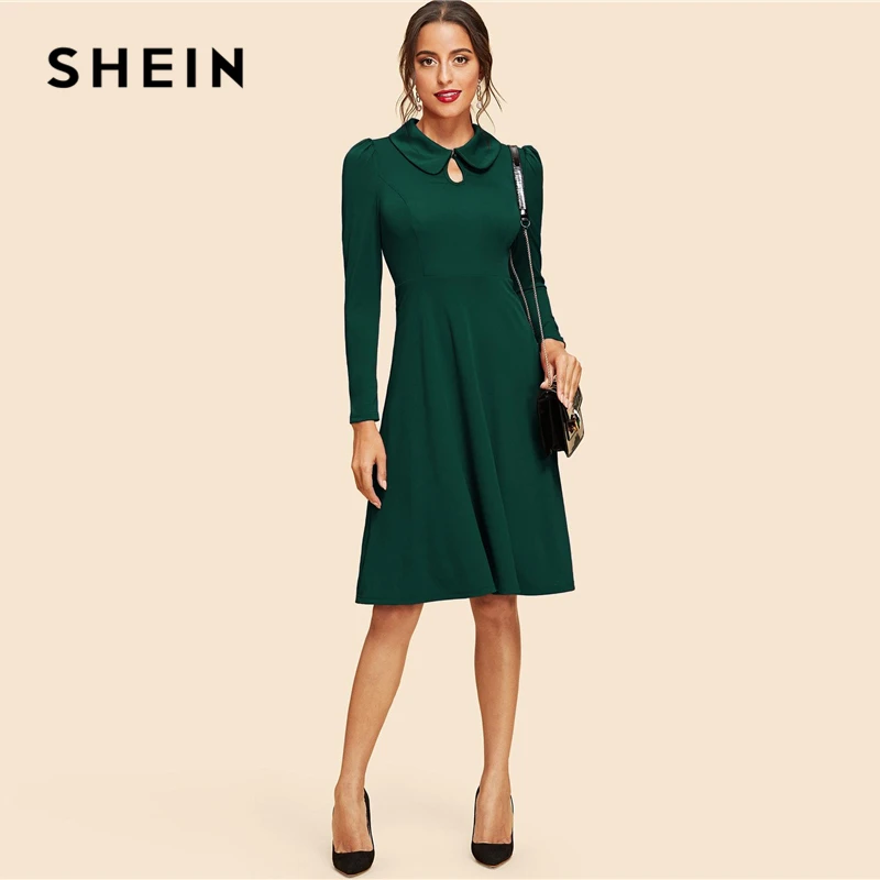 SHEIN Платье Клеш С Длинными Рукавами Офисное Платье с Высокой Талией Элегантные Однотонные Платья