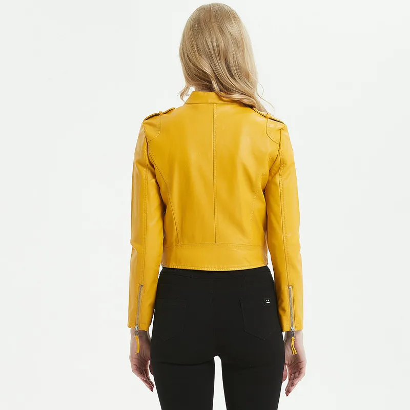 Women Motorcycle Coat O-neck Zipper Yellow Pu Leather Jacket Womens High End Jackets Korean Faux Goth Fitaylor Ftlzz | Женская одежда