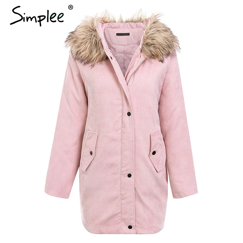 Nude Pink Женская вельветовая парка-пальто Simplee, толстое пальто из искусственного меха с капюшоном и мягкой подкладкой, уличная шинель с лацканами для зимы - Цвет: Nude Pink