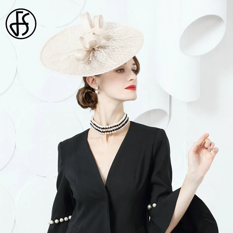 Женская льняная шляпка с бантом и перьями FS Элегантная для церкви торжественных