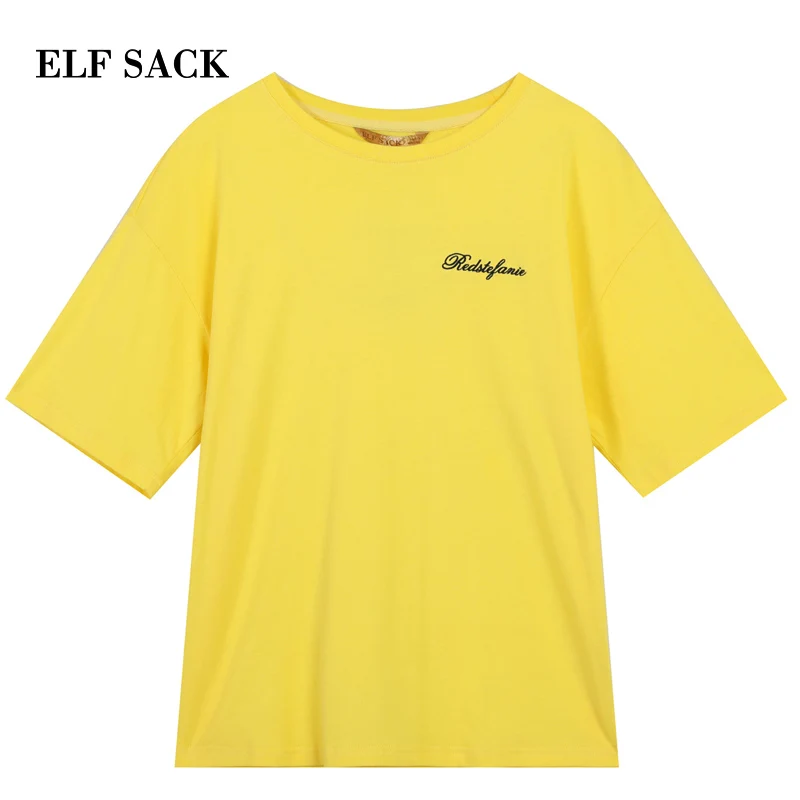 ELFSACK весна 2019 новинка Хлопковая женская футболка повседневная тканая короткая с