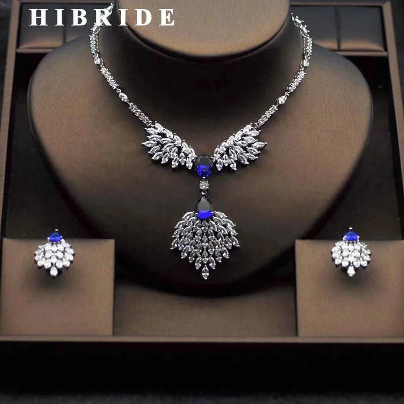 

HIBRIDE Top Crystal CZ Bridal Jewelry Sets Elegant Flower Shape White Gold-Color Necklace Earring Set parure bijoux femme N-282