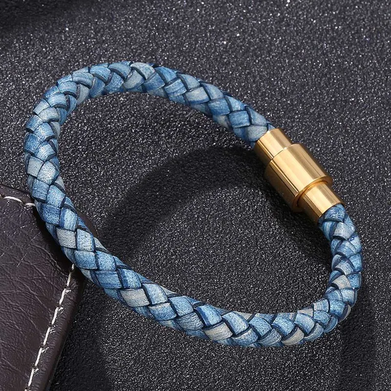 Модный мужской синий плетеный кожаный браслет ручной работы золотистый из