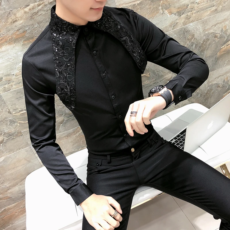 

Men Lace Shirt 2019 New Designer Wedding Shirts for Men Fashion Social Club Party Black White Dress Shirts Smoking Long Sleeve