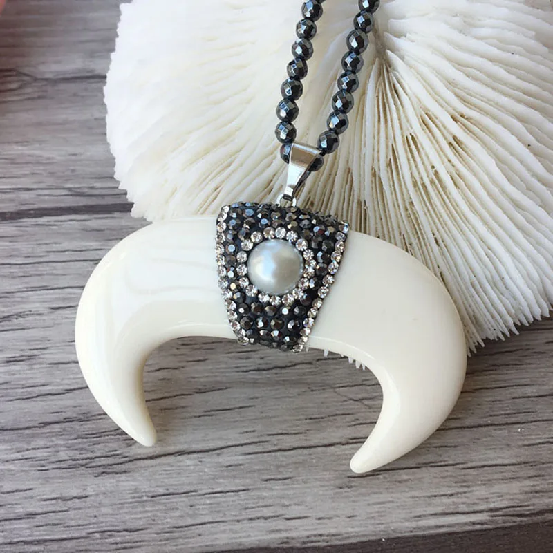 

5 Strands Hematite beads necklace,Unique Horn Pendant pave Crystal Rhinestone necklaces NK198