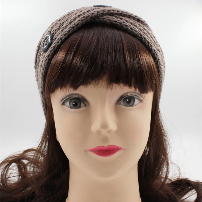 Зимний Теплый Вязаный головной убор тюрбан для женщин вязание пуговица
