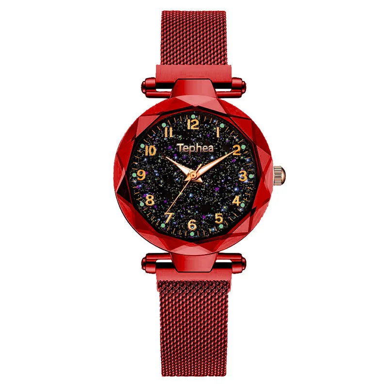 Red Роскошные женские часы, розовое золото, звездное небо, кварцевые часы для женщин, полигональные, креативные, магнитные часы,, Топ бренд, часы для женщин - Цвет: Red