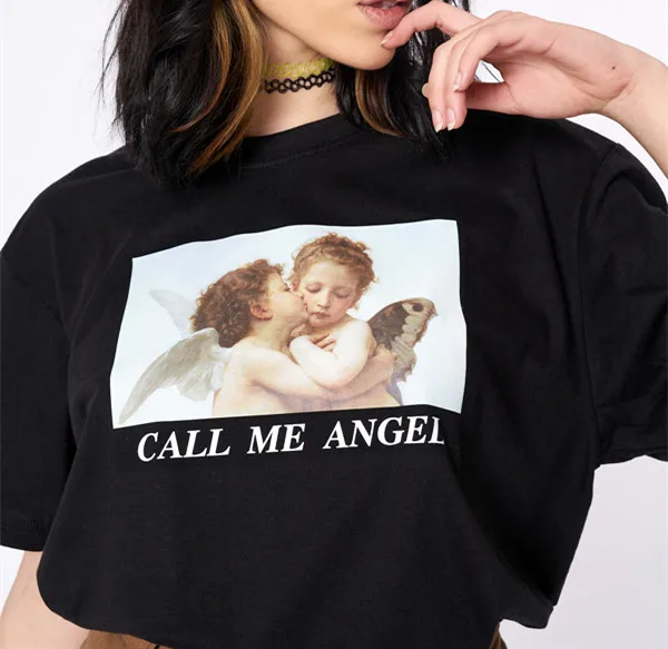 Женская футболка с рисунком PUDO HJN Call Me Angel белая черная розовая хипстерская