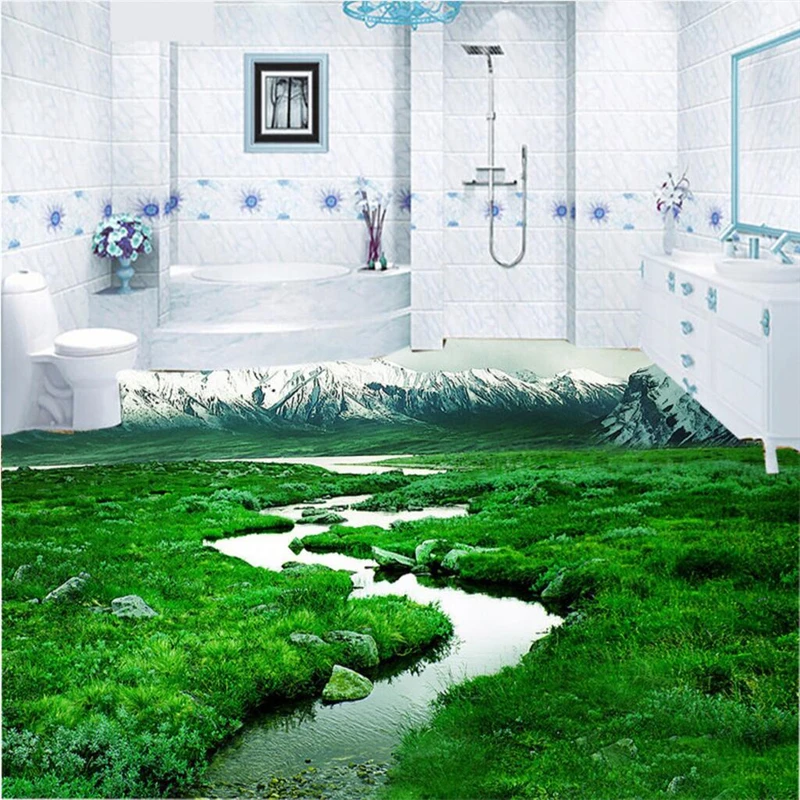 

beibehang Customize any size mural bathroom living room bedroom grass snowy mountain 3D floor wallpaper for walls 3 d